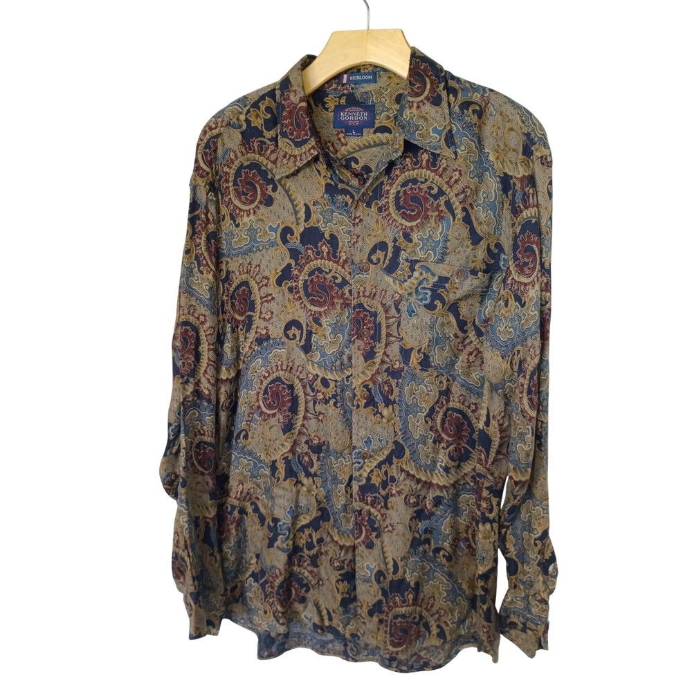 Vintage Kenneth Gordon Heirloom Paisley Herringbone Button Down Shirt USA L